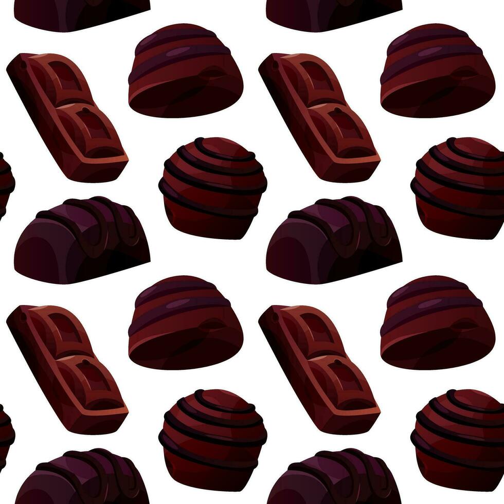 Seamless pattern with dark, white chocolate bar pieces, candy. Chunks and blocks of brown chocolate. Milk sweet dessert, cooking ingredient for confectionery shop for poster, banner, website. vector