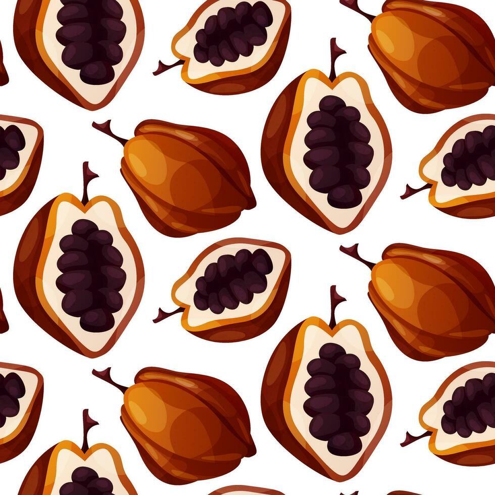Seamless pattern with cocoa plant bean, raw seeds, pod. Chunks, blocks of brown chocolate. Milk sweet dessert, cooking ingredient for confectionery shop for poster, banner. vector