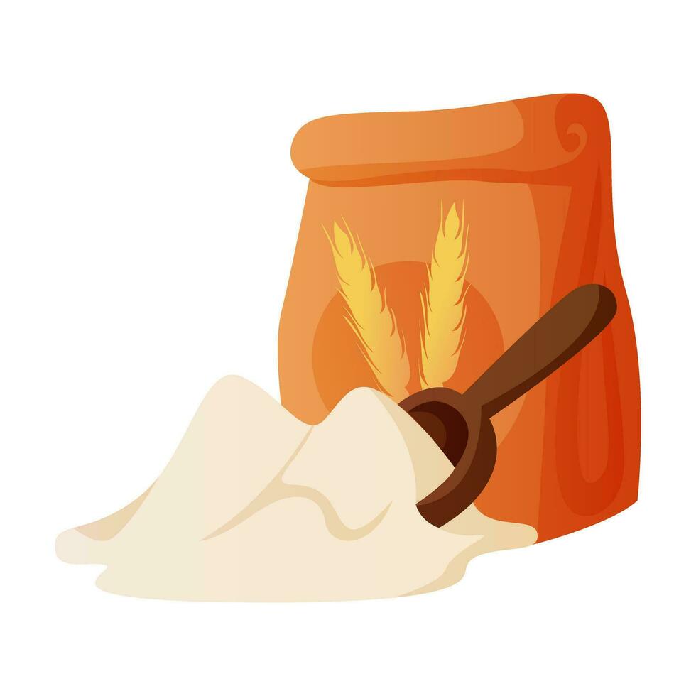 Homemade cooking wheat flour with wooden spoon in paper bug. Kitchen bakery stuff, process of baking. Bakery shop, cooking, sweet products, dessert for poster, banner, menu, cover, advertising vector