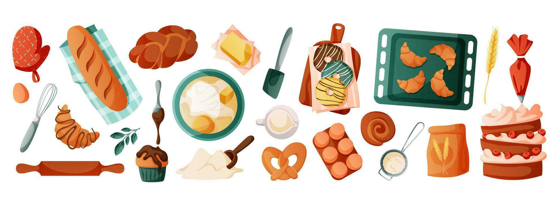 Set of baking ingredients, tools, utensils. Kitchen supplies, bakery stuff for homemade cooking. Flour, whisk, butter, milk. Bread, croissants, pretzel, cake, donut, cupcake pastry products. vector