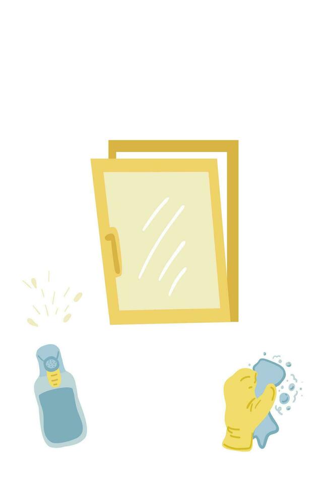 Washing windows hand drawn yellow and blue set. Vector illustration