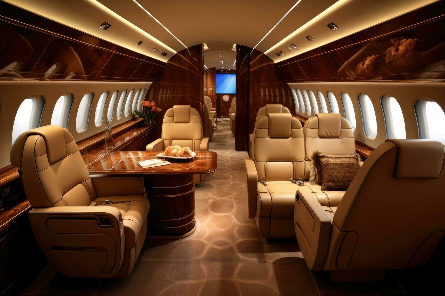 Interior of a private jet with seats and armchairs. 3d rendering, luxurious private jet interior exuding elegance and comfort, AI Generated photo