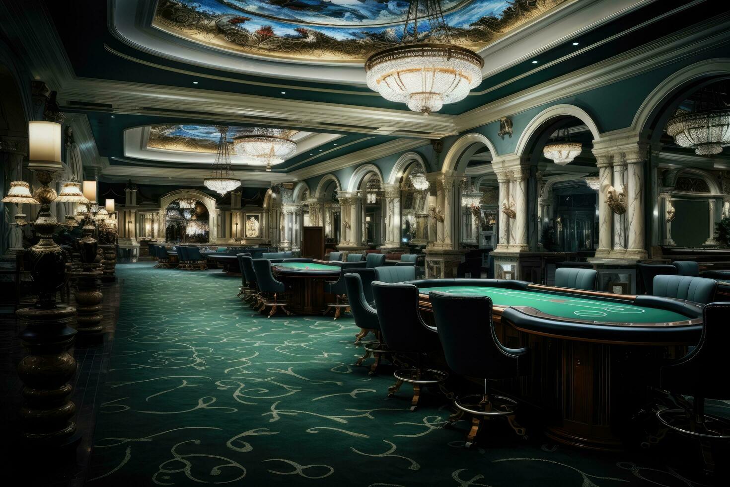 Luxury casino interior with roulette table and black chairs, luxurious empty Casino, AI Generated photo