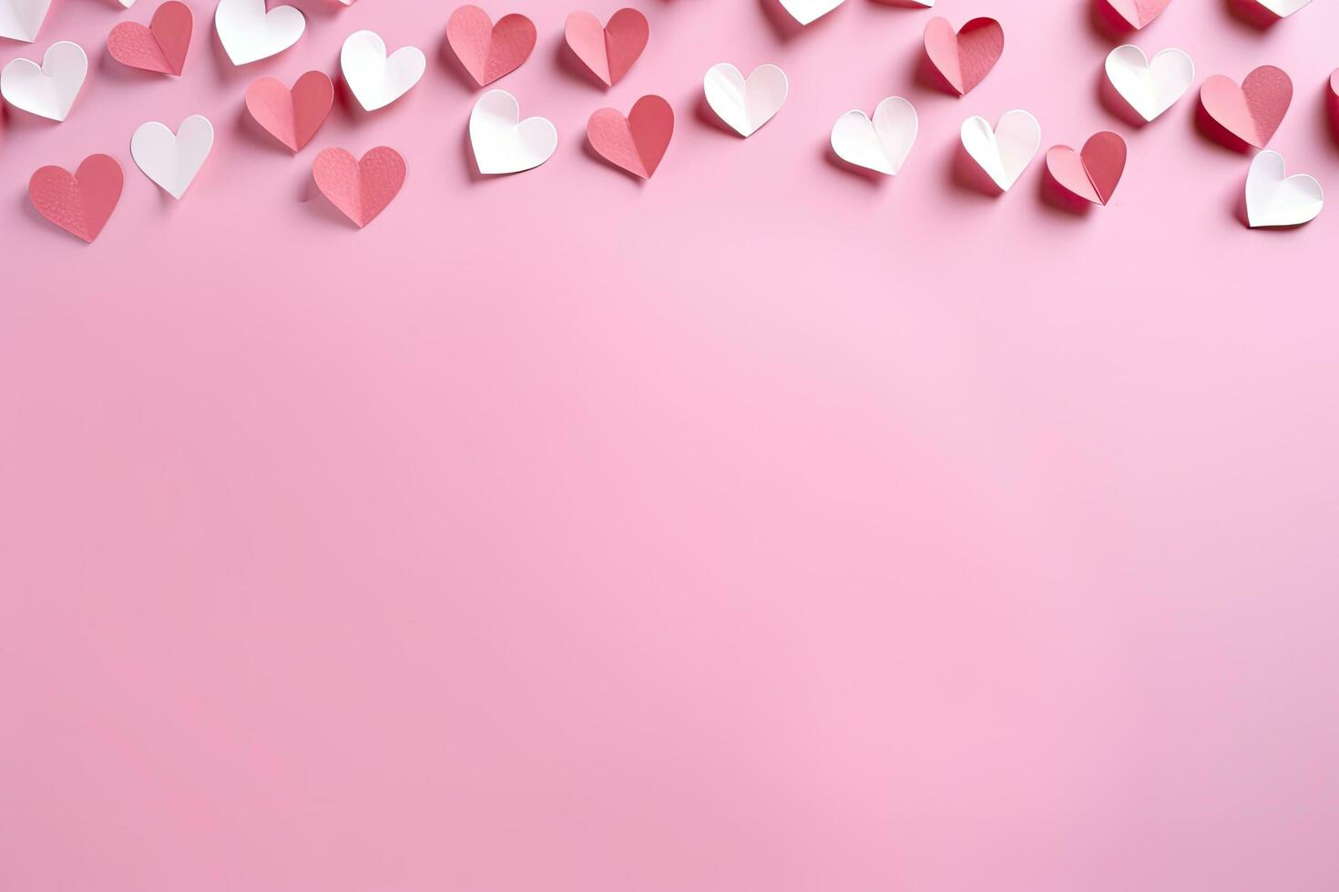 Valentine's day background with paper hearts on pink background, love paper craft hearts - flat lay on pink valentines or anniversary background with copy space, AI Generated photo