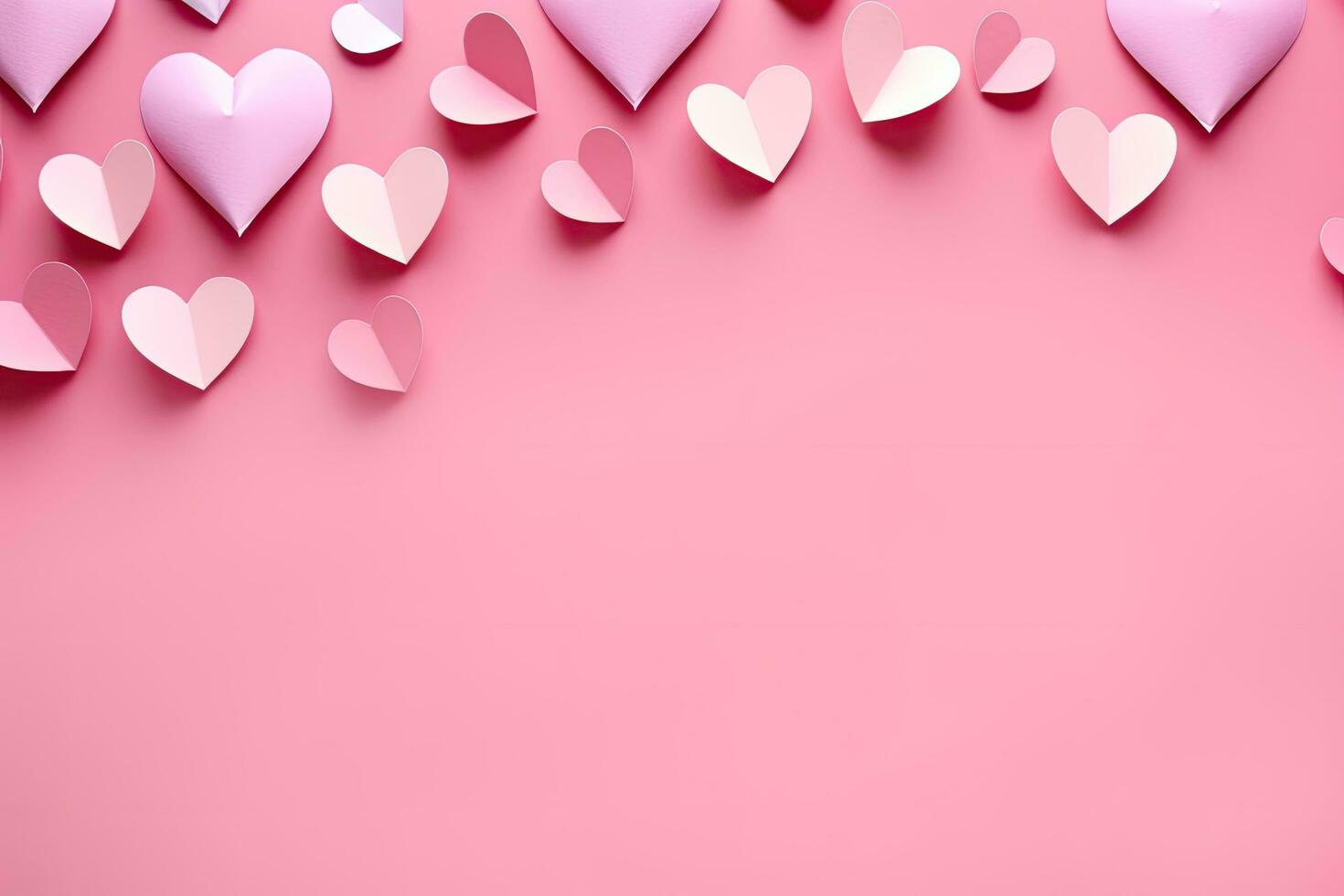 Valentine's day background with pink paper hearts on pink background, love paper craft hearts - flat lay on pink valentines or anniversary background with copy space, AI Generated photo
