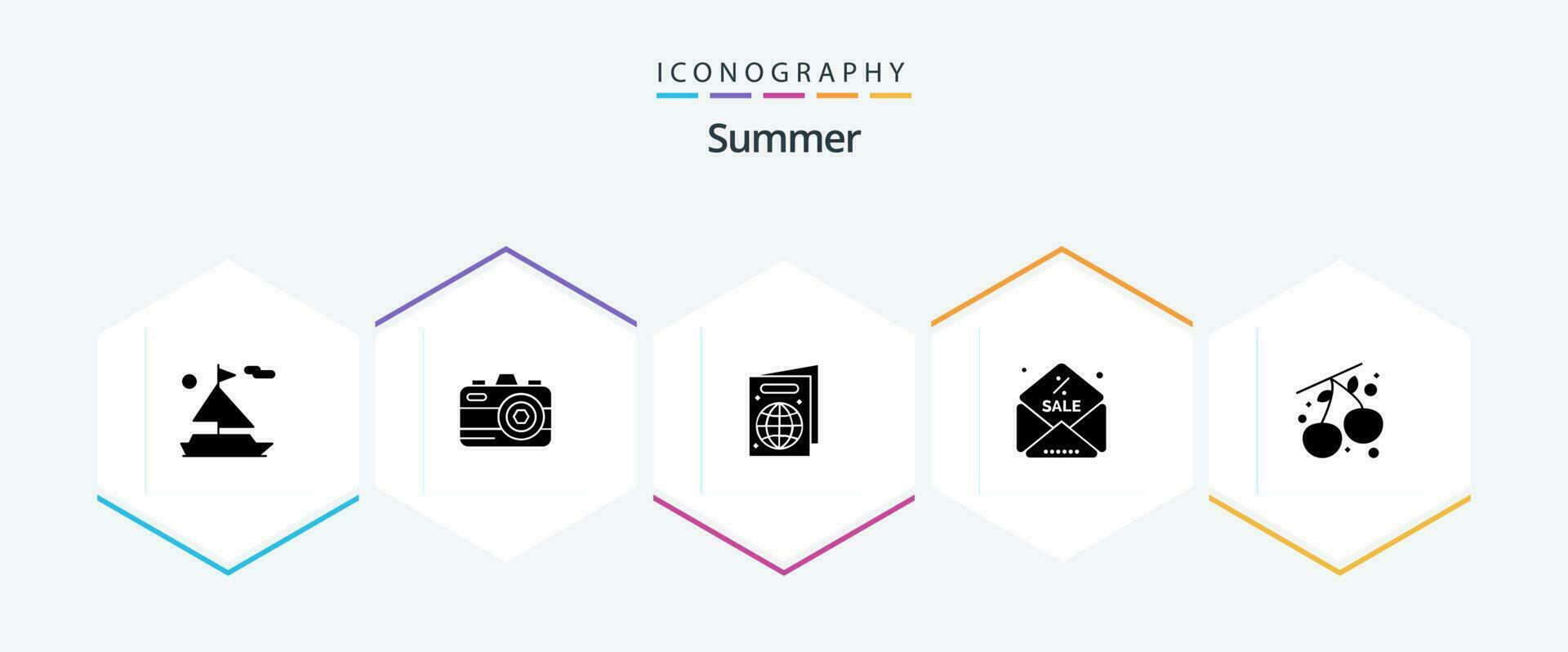 Summer 25 Glyph icon pack including . . passport. foodd. berry vector