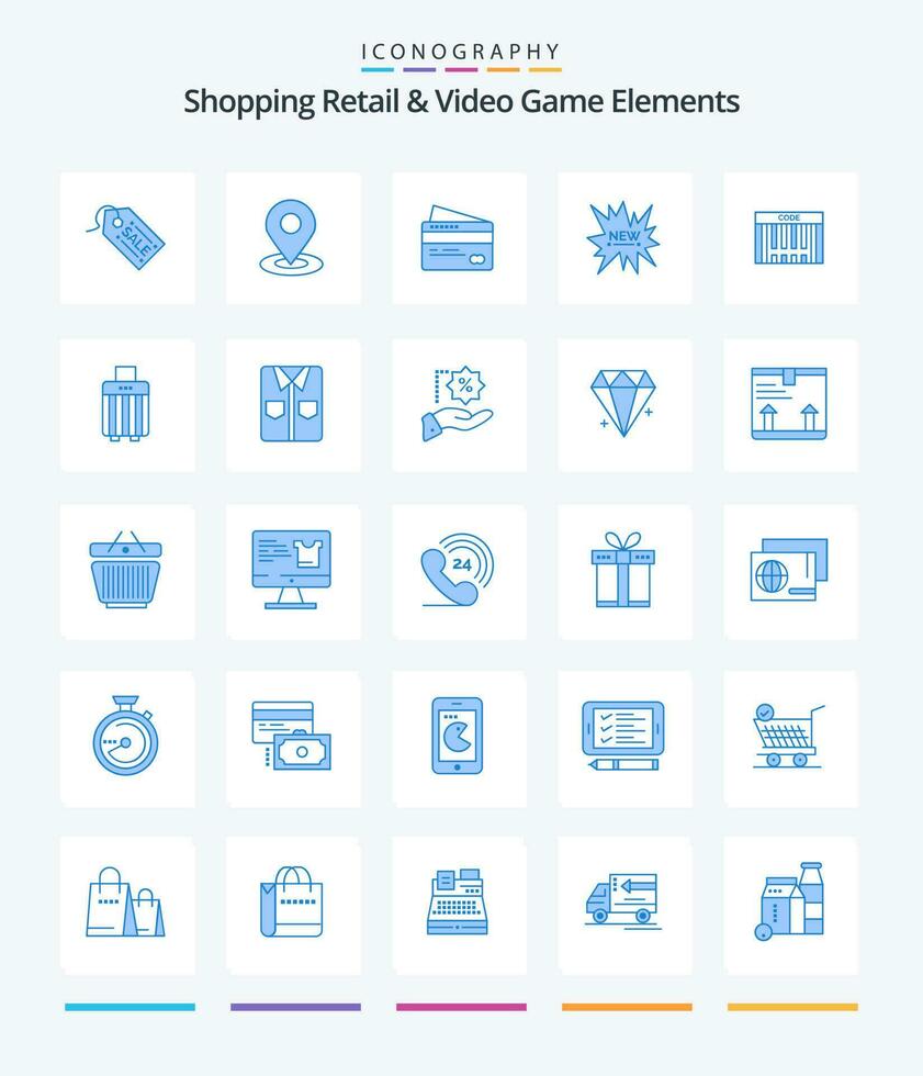 Creative Shoping Retail And Video Game Elements 25 Blue icon pack  Such As barcode. new. card. tag . ecommerce vector