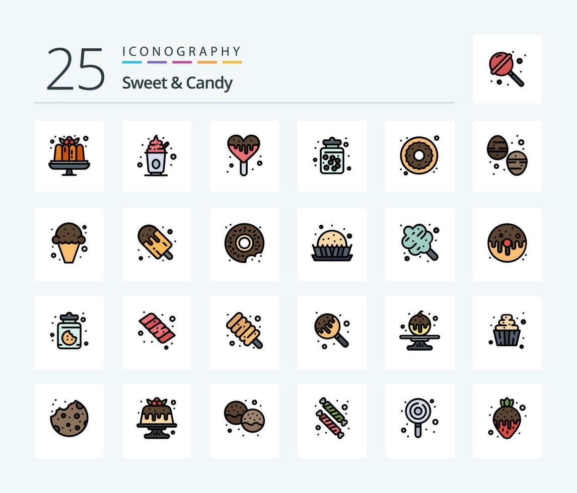 Sweet And Candy 25 Line Filled icon pack including donut. sweets. ice cream. food. candy jar vector