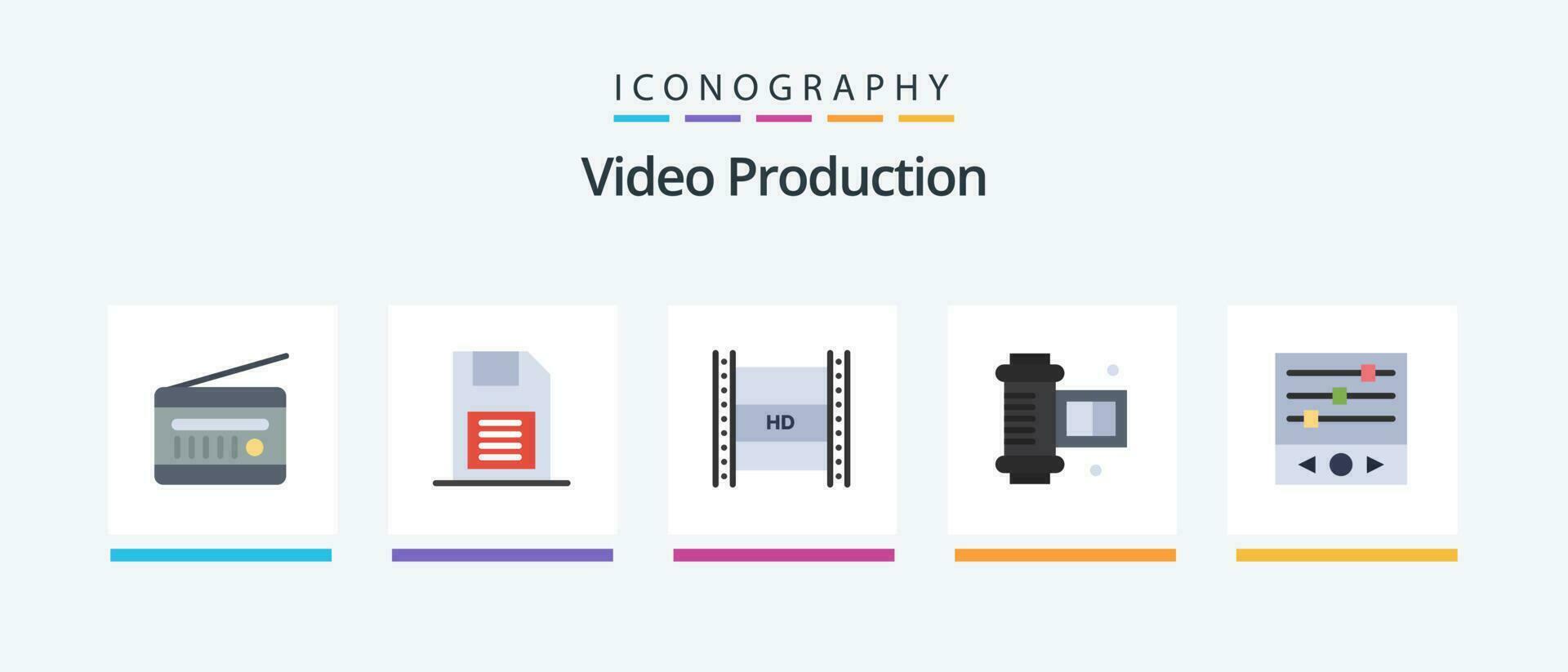 Video Production Flat 5 Icon Pack Including camera roll film. ancient camera roll. sd card. high-definition video. hd in filmmaking. Creative Icons Design vector