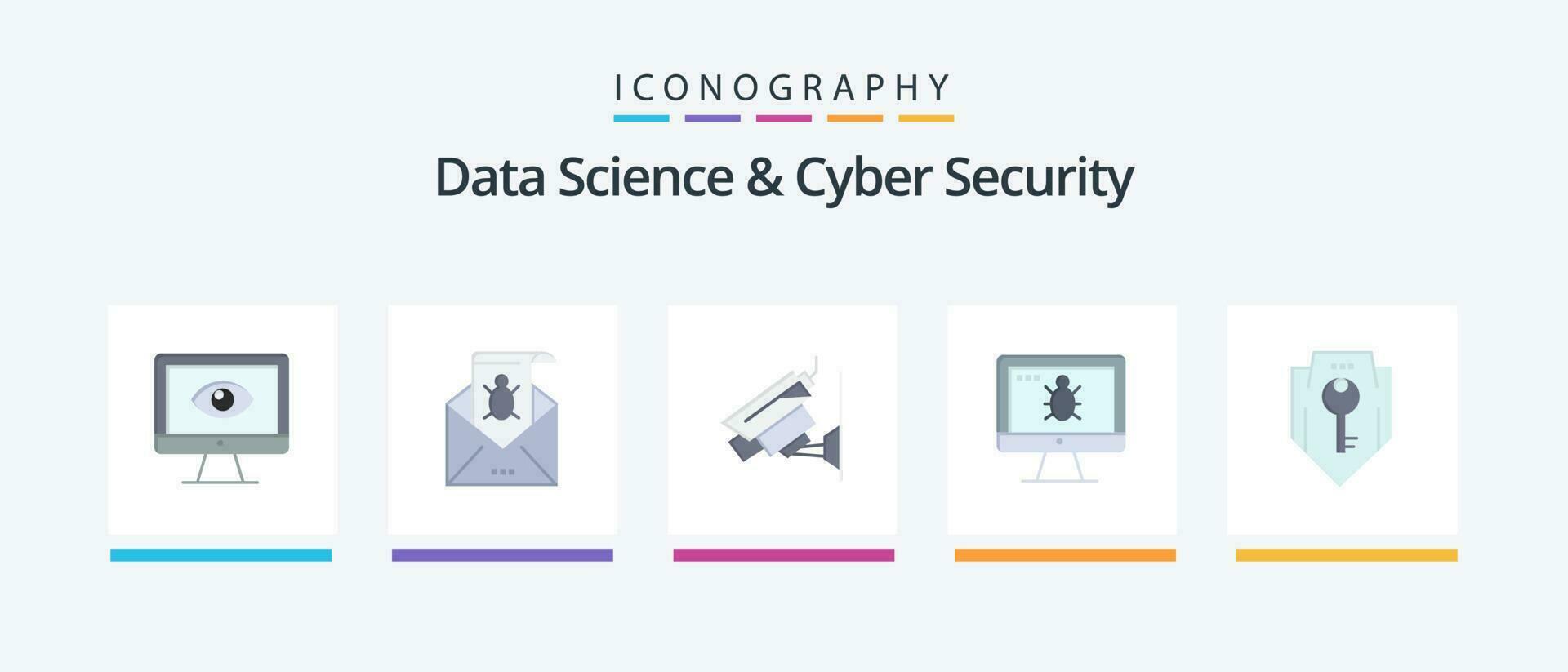 Data Science And Cyber Security Flat 5 Icon Pack Including monitor. security. email. cctv. virus. Creative Icons Design vector