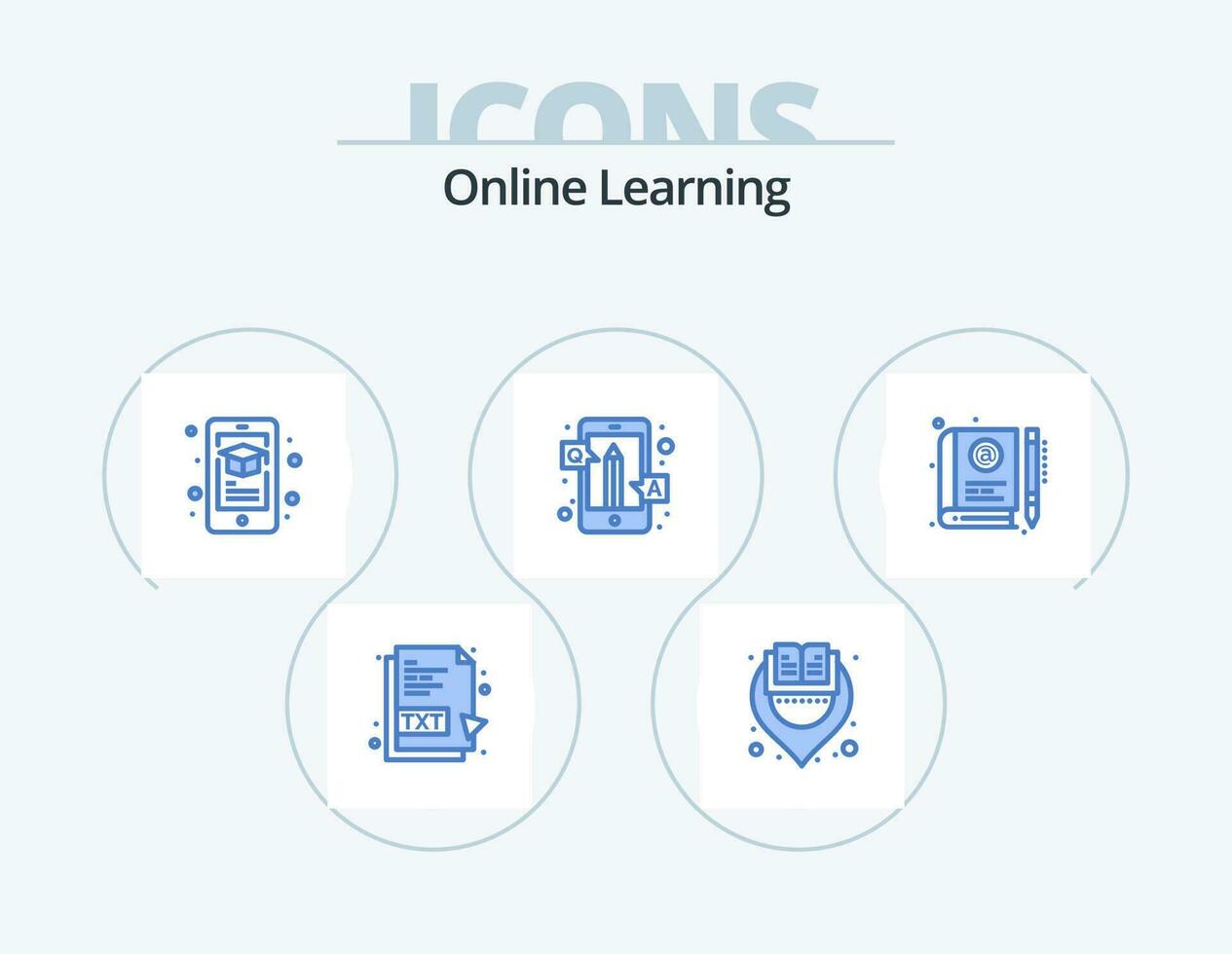 Online Learning Blue Icon Pack 5 Icon Design. book. qa. education. online. answers vector