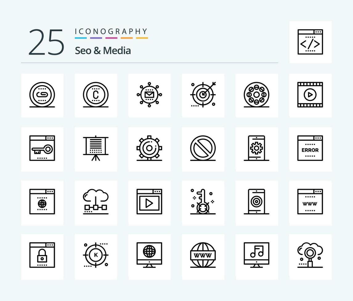 Seo  Media 25 Line icon pack including optimization. engine. trademark. audience. optimization vector
