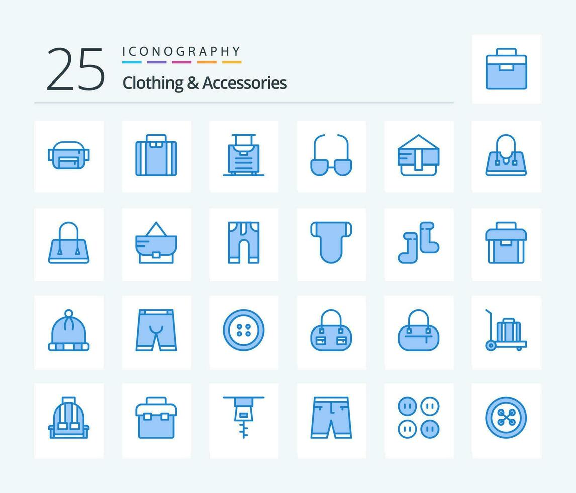 ropa accesorios 25 azul color icono paquete incluso pantalones. ropa. lentes. bebé. Moda vector