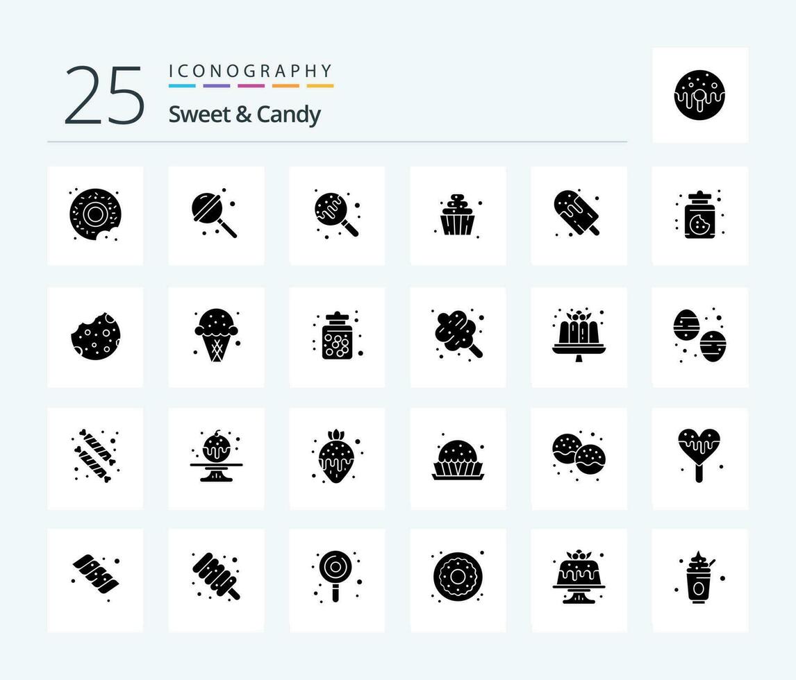 dulce y caramelo 25 sólido glifo icono paquete incluso alimento. dulces alimento. paleta de hielo. postre vector