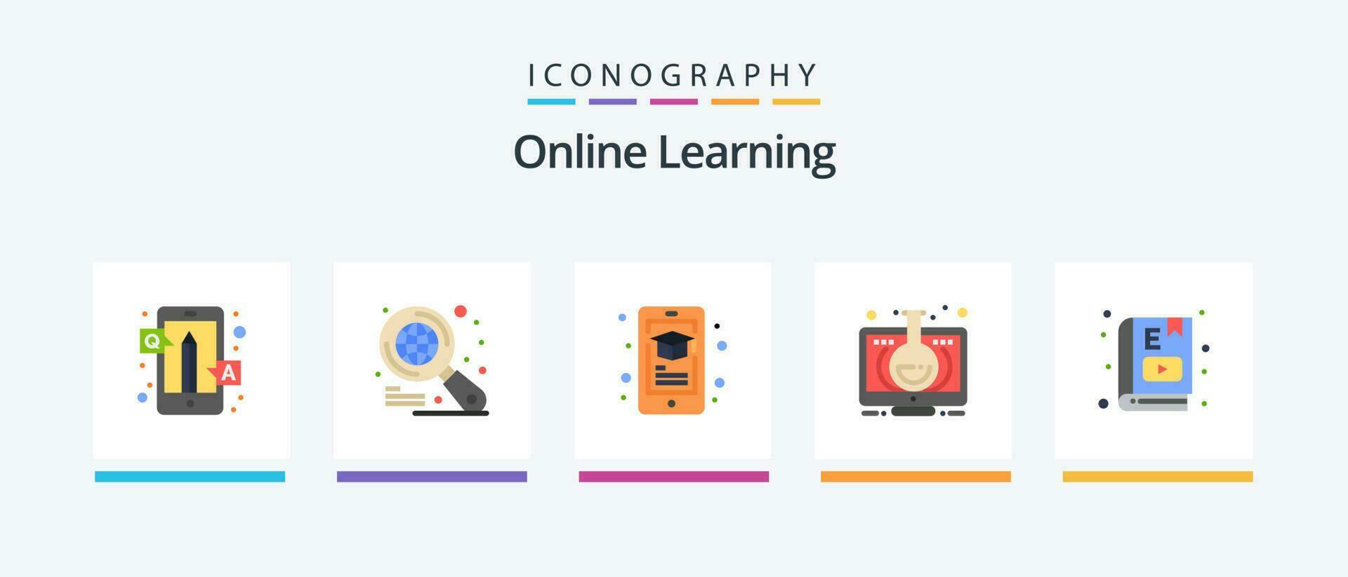 Online Learning Flat 5 Icon Pack Including e book. monitor. education. learning. elearning. Creative Icons Design vector