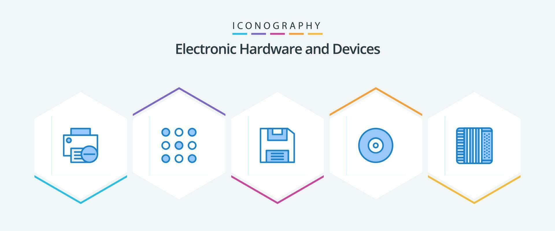 dispositivos 25 azul icono paquete incluso música. audio. disquete. acordeón. Dto vector