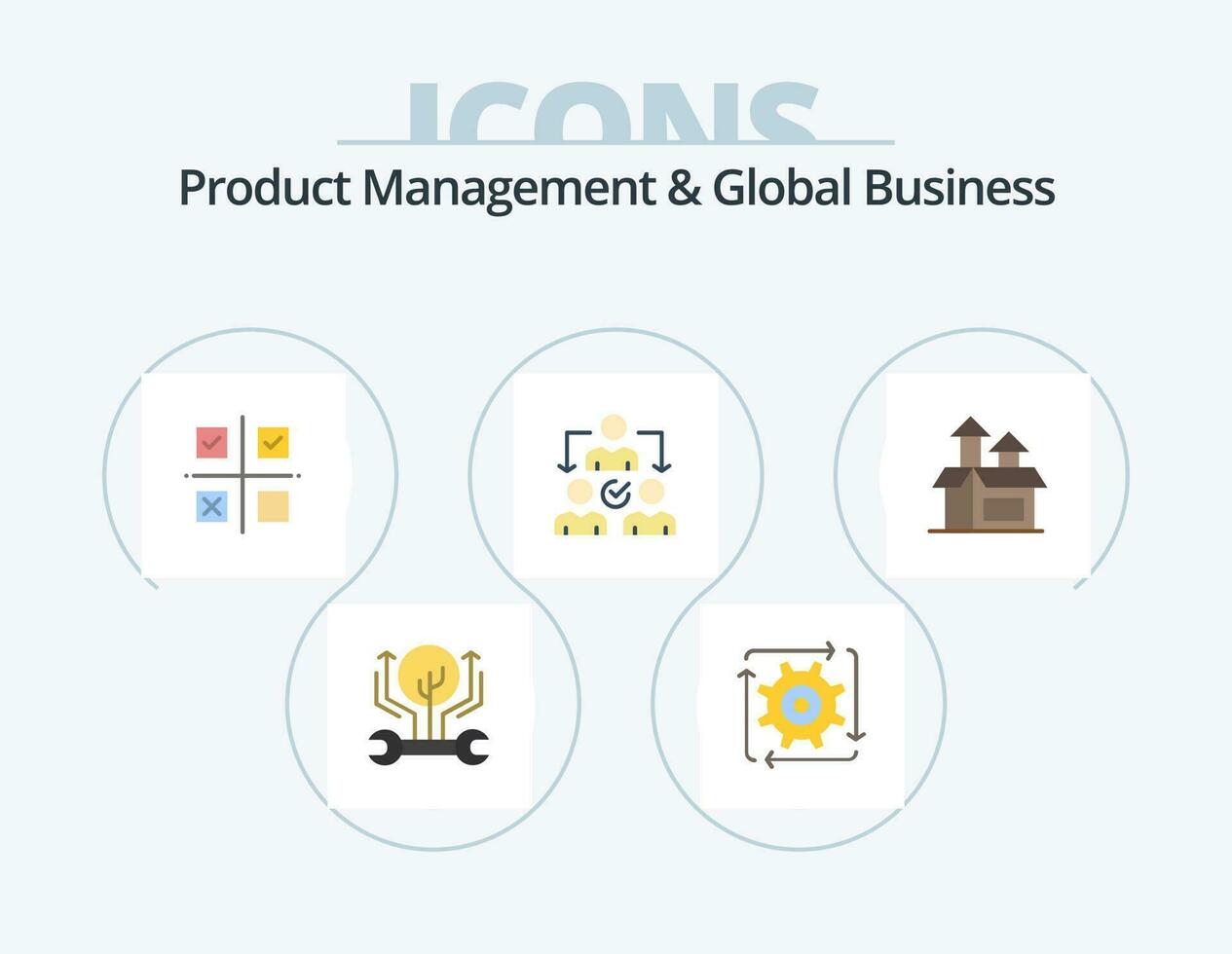 Product Managment And Global Business Flat Icon Pack 5 Icon Design. delegating. assignment. flow. production. priorities vector