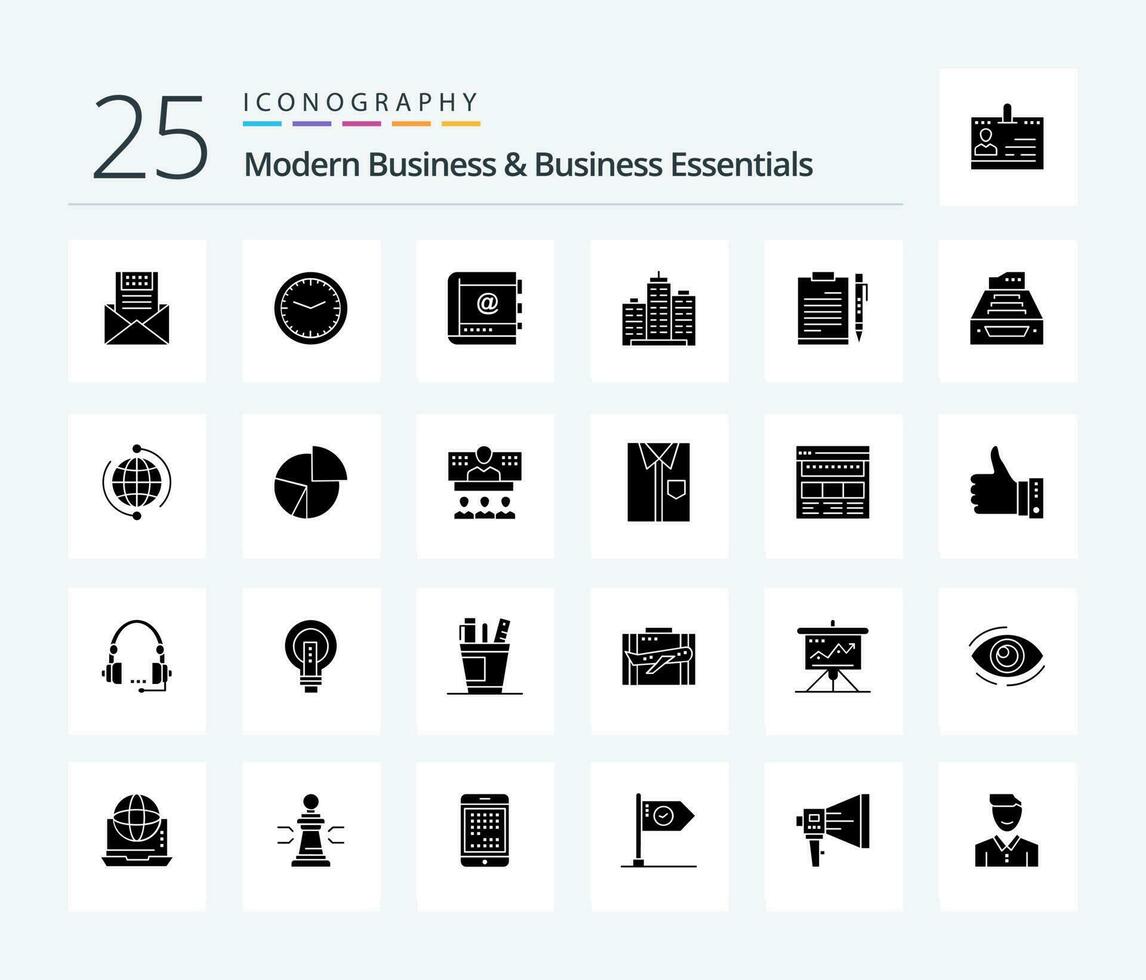 moderno negocio y negocio esenciales 25 sólido glifo icono paquete incluso teléfono. contactos. oficina. contacto. libro vector