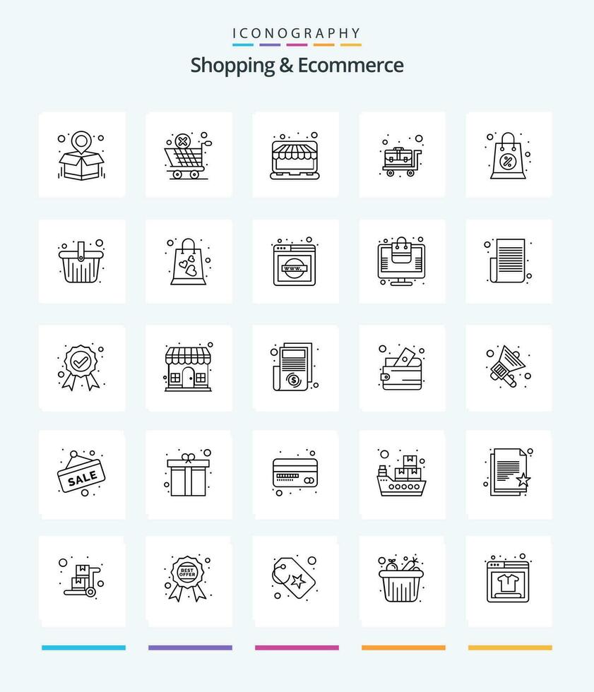 Creative Shopping  Ecommerce 25 OutLine icon pack  Such As shopping. bag. online. wheelbarrow. luggage cart vector