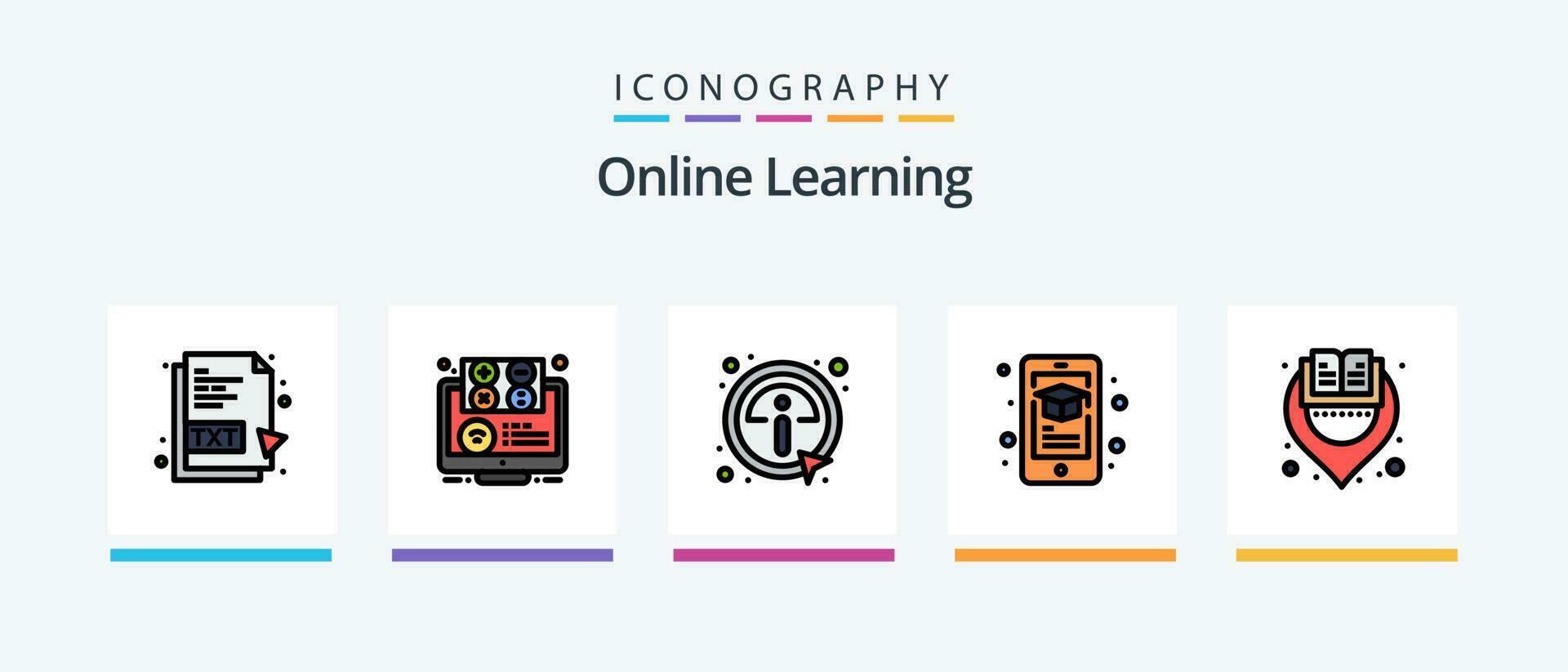 Online Learning Line Filled 5 Icon Pack Including education. e. information. book. item. Creative Icons Design vector
