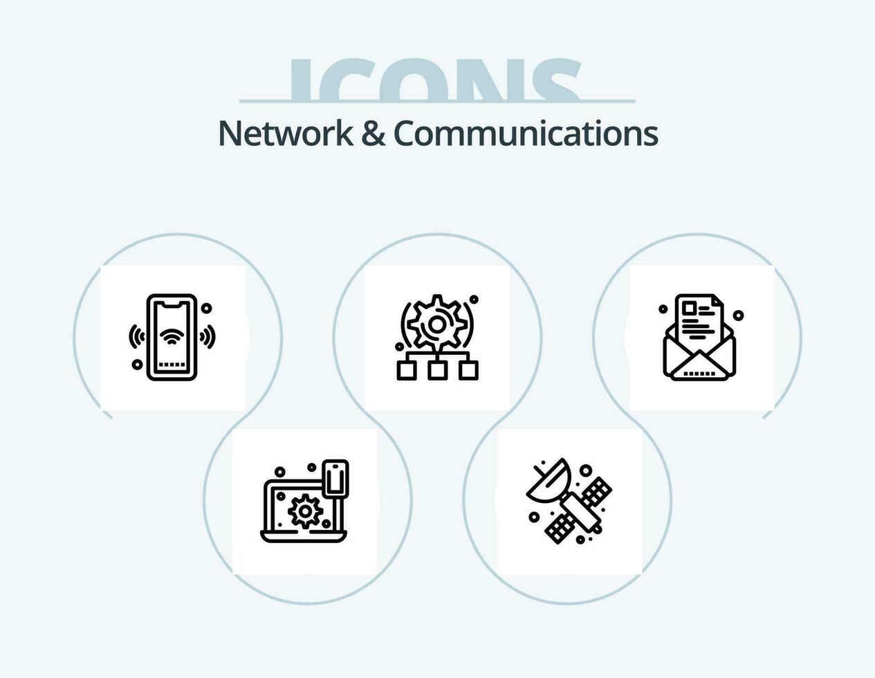 Network And Communications Line Icon Pack 5 Icon Design. satellite. space. male. cogwheel. preference vector