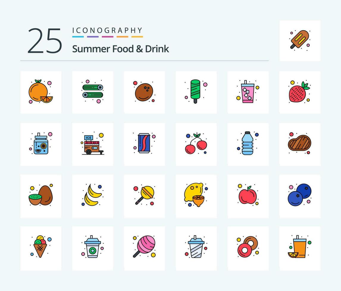 verano comida bebida 25 línea lleno icono paquete incluso frutas soda. alimento. beber. hielo crema vector