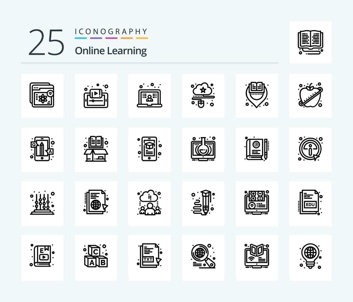 en línea aprendizaje 25 línea icono paquete incluso ratón. conectado. teléfono inteligente nube. colegio vector