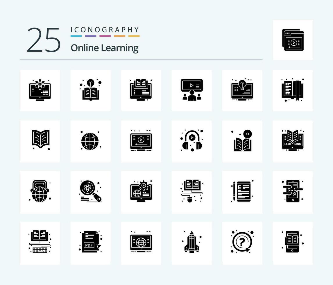 en línea aprendizaje 25 sólido glifo icono paquete incluso bulbo. equipo. aprendiendo. en línea. curso vector