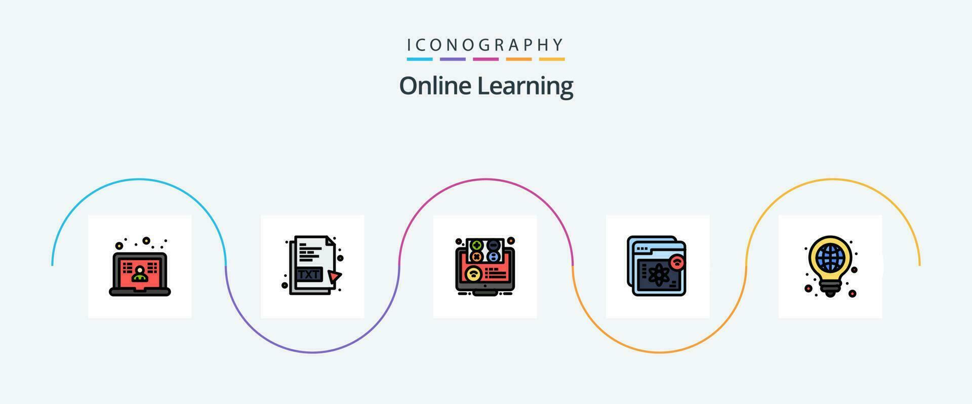 Online Learning Line Filled Flat 5 Icon Pack Including learning. e-learning. elearning. e. online vector