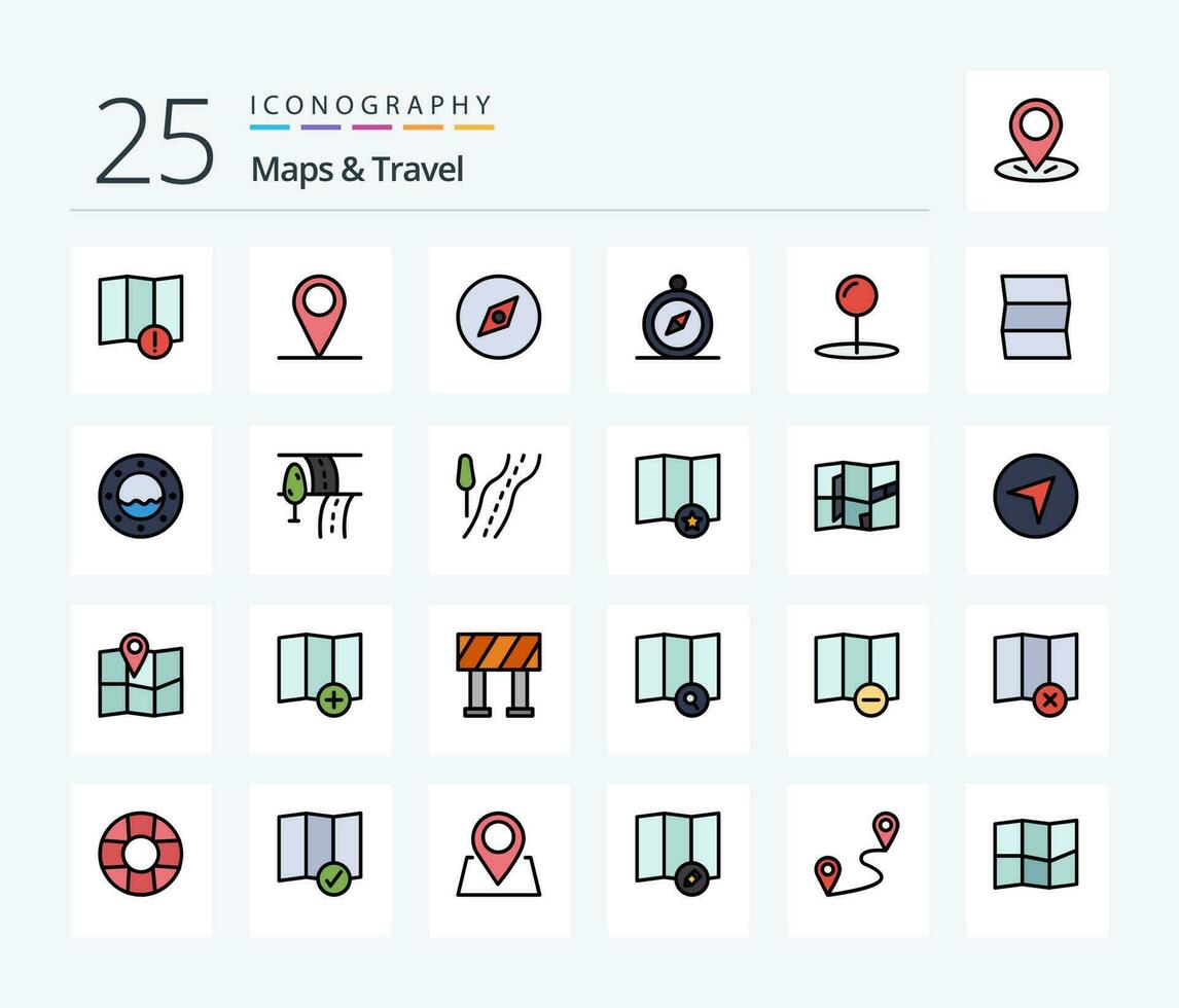 mapas viaje 25 línea lleno icono paquete incluso viajar. ubicación. navegación. puntero. coordinar vector