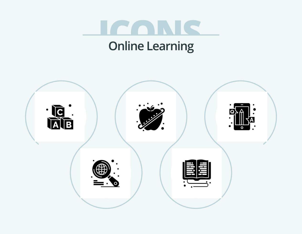 Online Learning Glyph Icon Pack 5 Icon Design. education. fitness. alphabet. healthy. apple vector