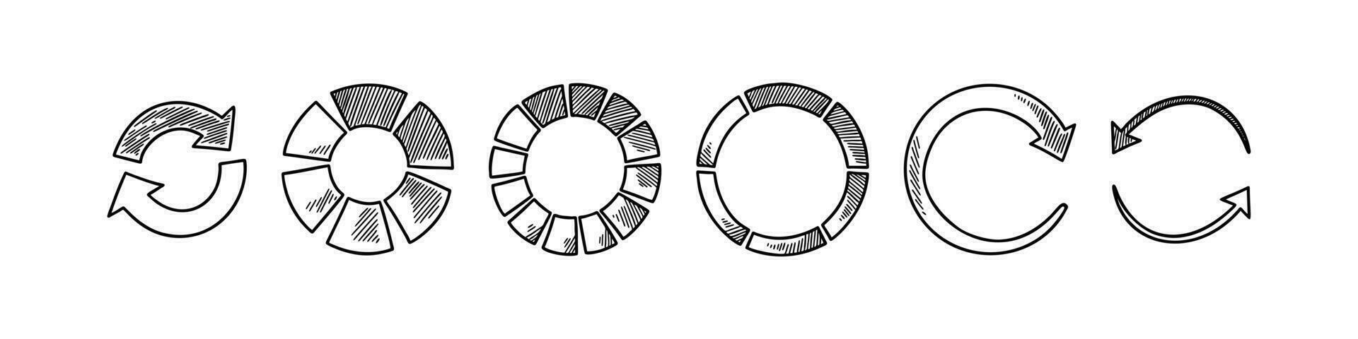 conjunto de cargando círculos en garabatear estilo. bosquejo descargar icono. Progreso usuario interfaz infografía. reciclar símbolo. tarta diagrama estadística cuadro. vector