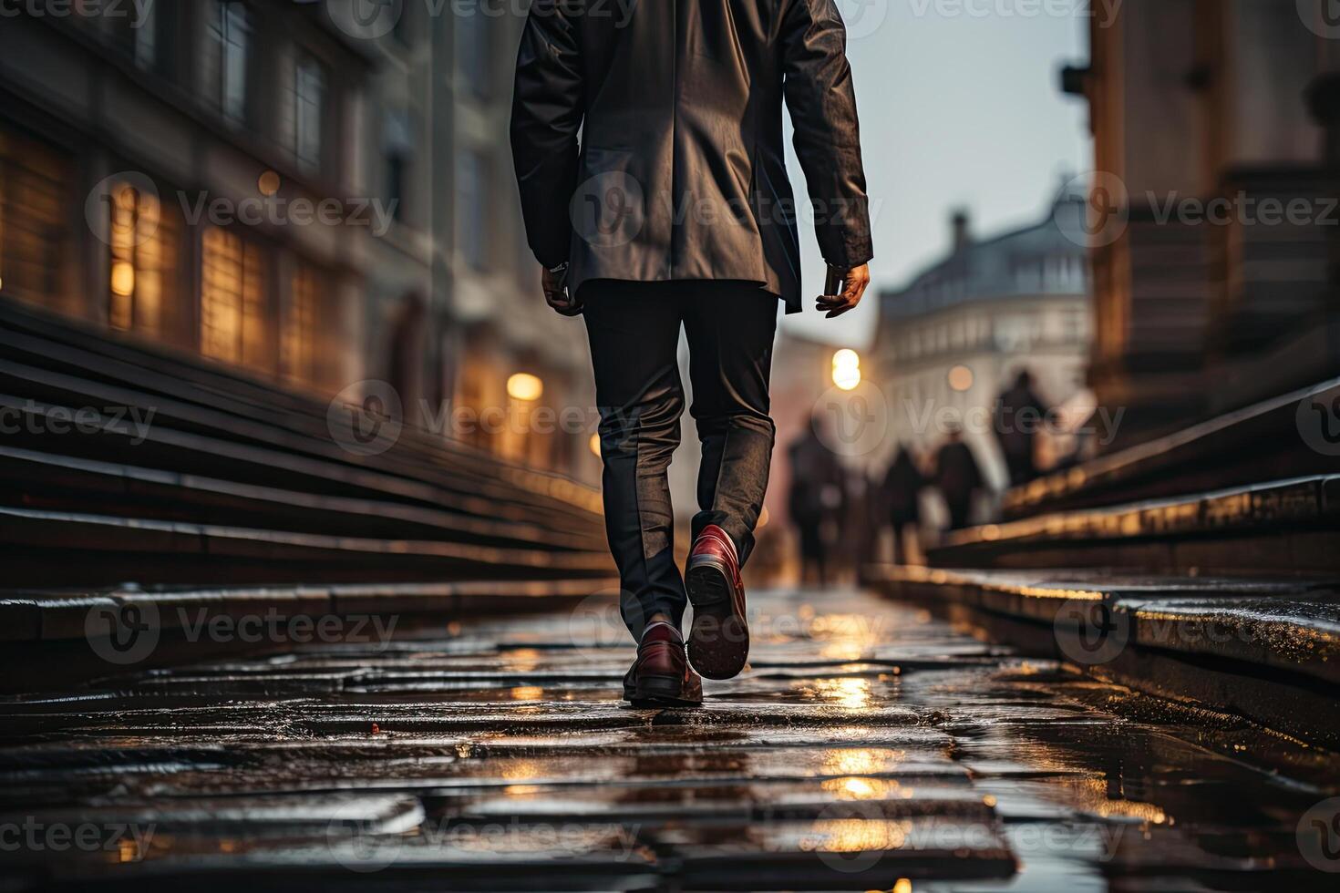 Close up young businessman feet sprinting up stairs office middle image. photo