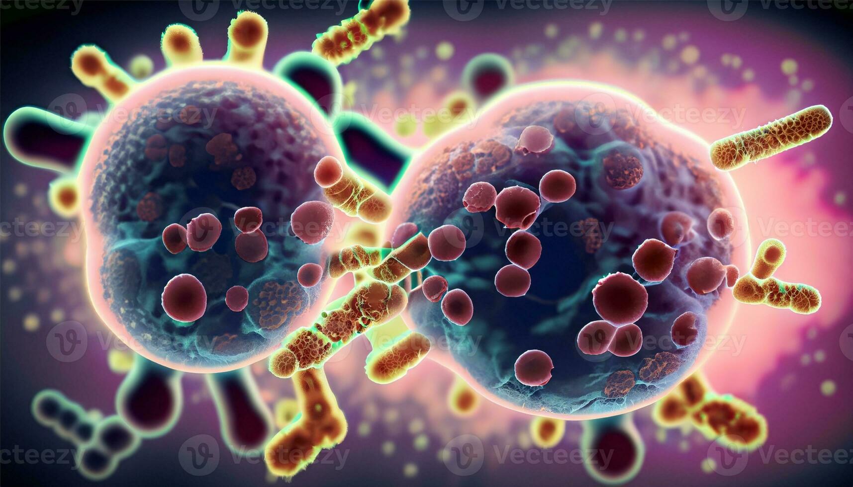 Magnified molecular structure Ai Generate of bacteria causing disease on glowing background photo