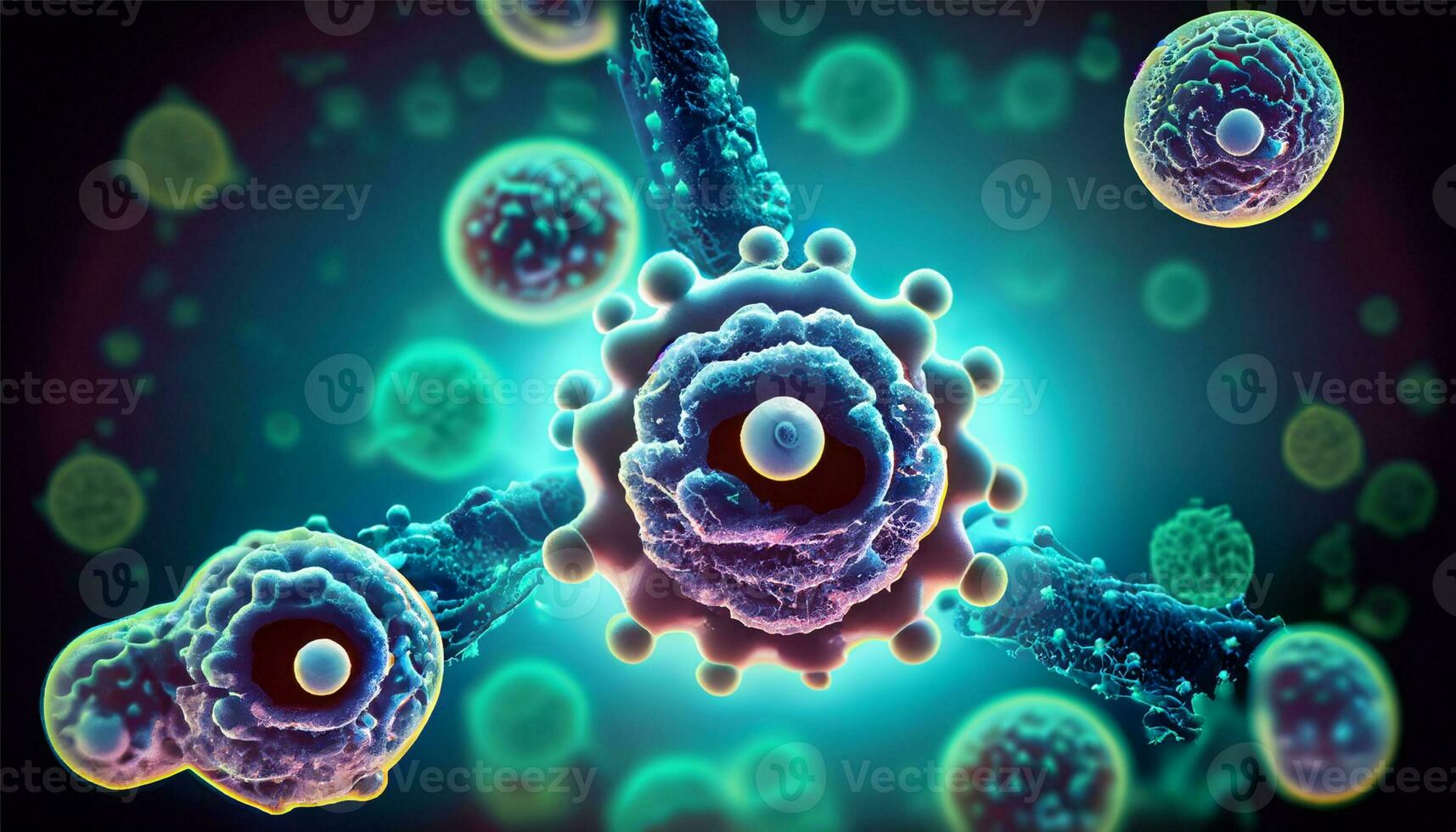 Magnified molecular structure Ai Generate of bacteria causing disease on glowing background photo
