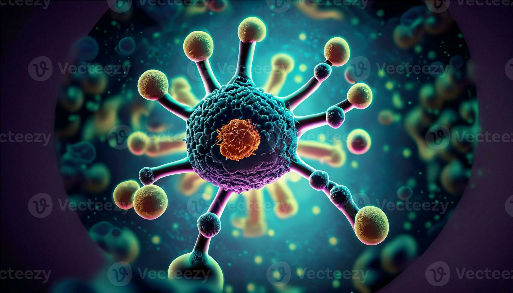 Magnified molecular structure Ai Generate of bacteria causing disease on glowing background photo