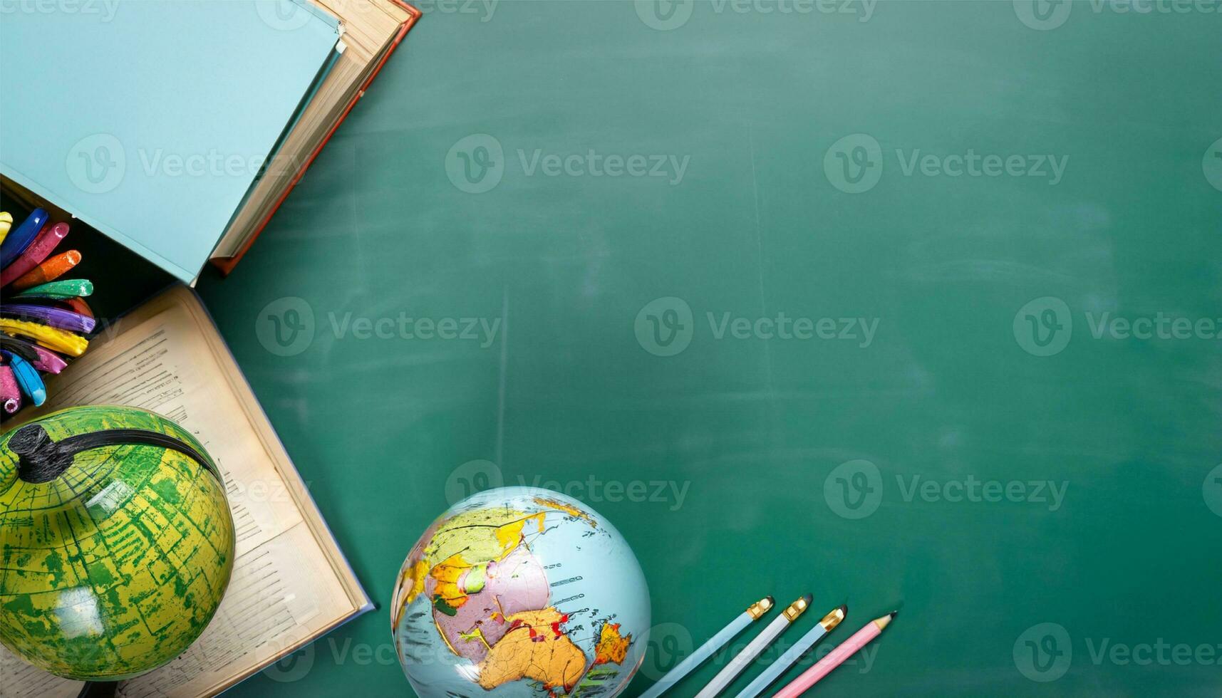 globe, pencil, pen and book on a green blackboard background and empty space on left side Ai Generate photo