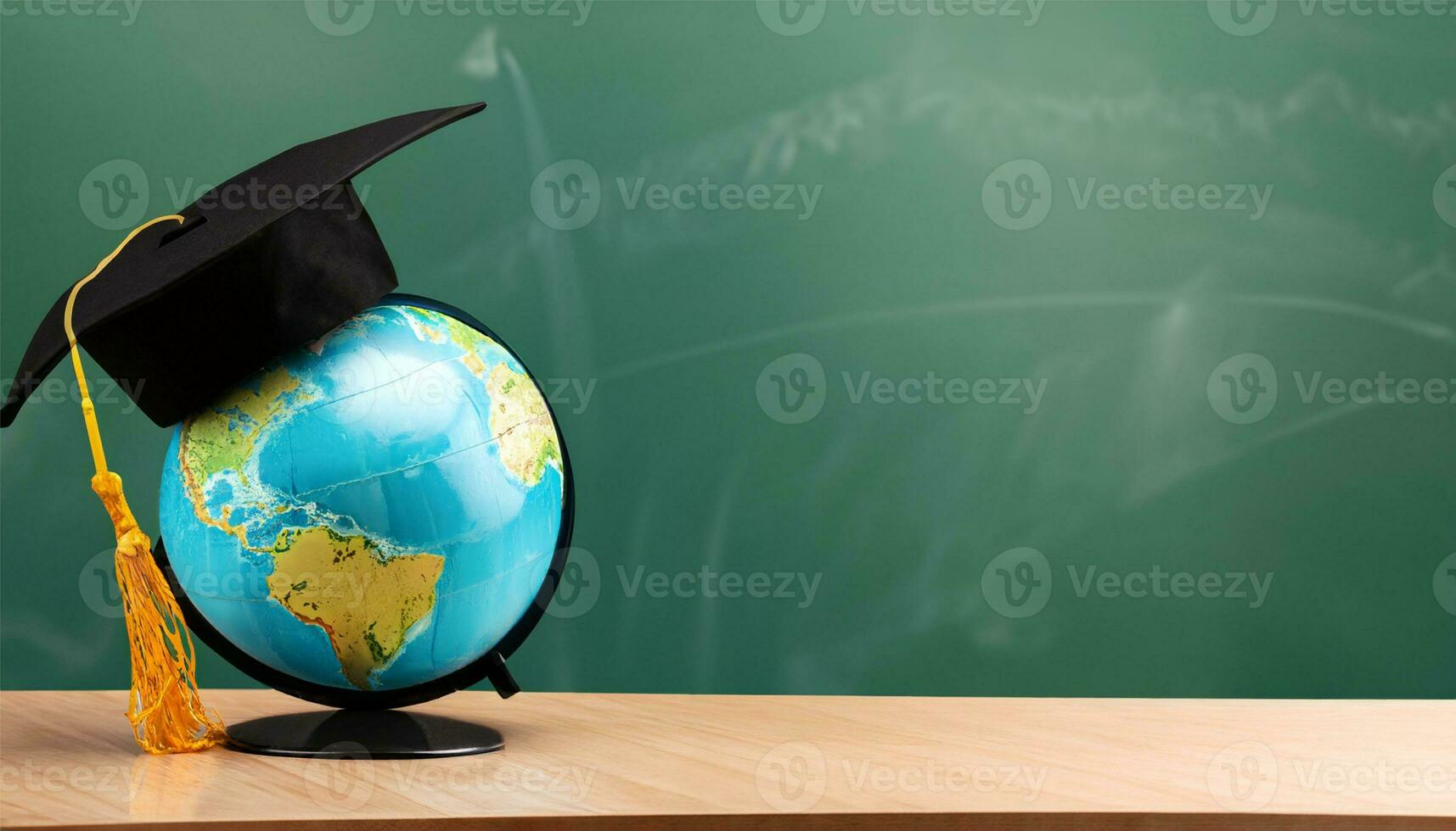 globe, pencil, pen and book on a green blackboard background and empty space on left side Ai Generate photo