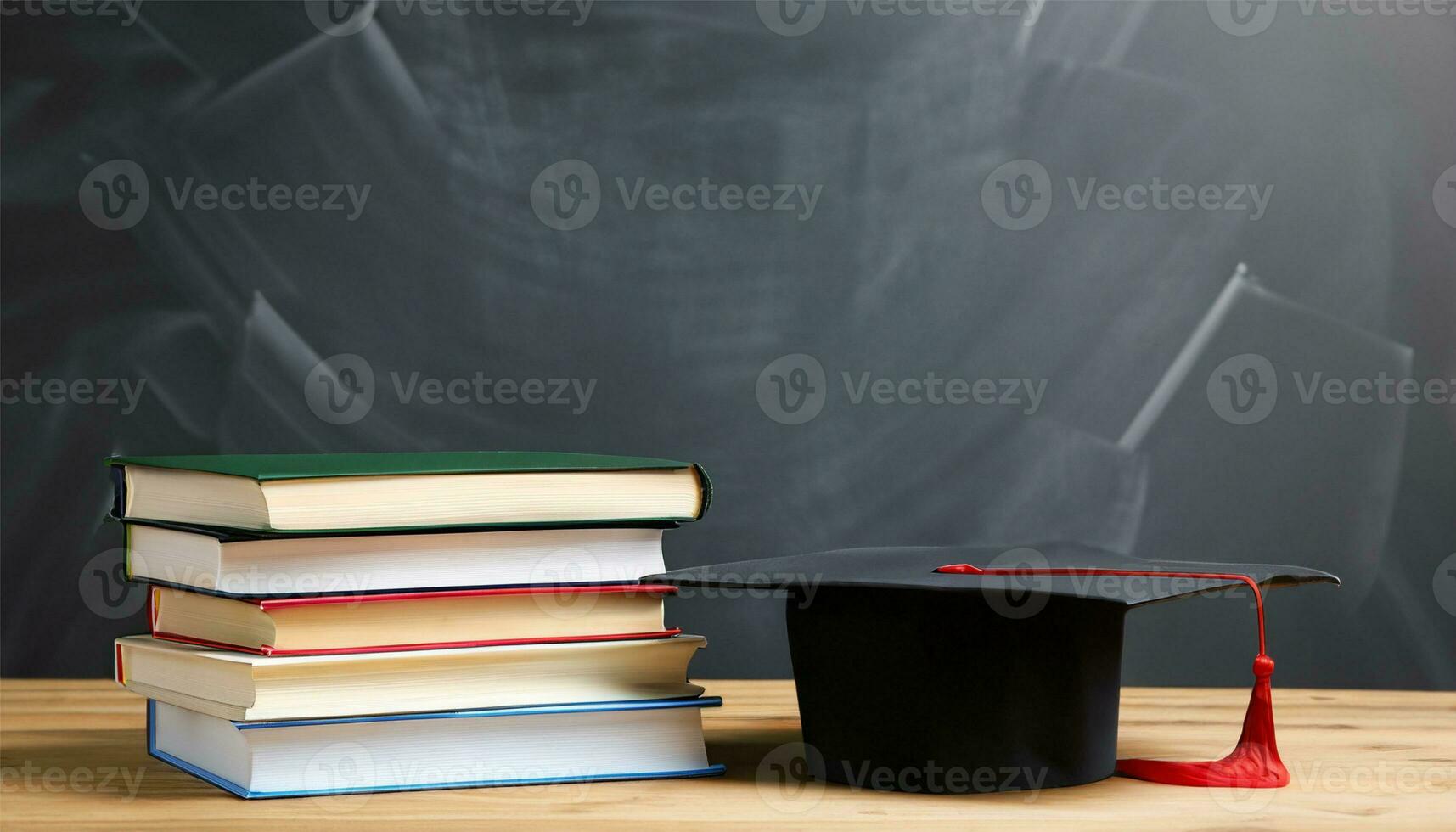 Arrangement of different books on table with graduation cap on black chalkboard background Ai Generate photo