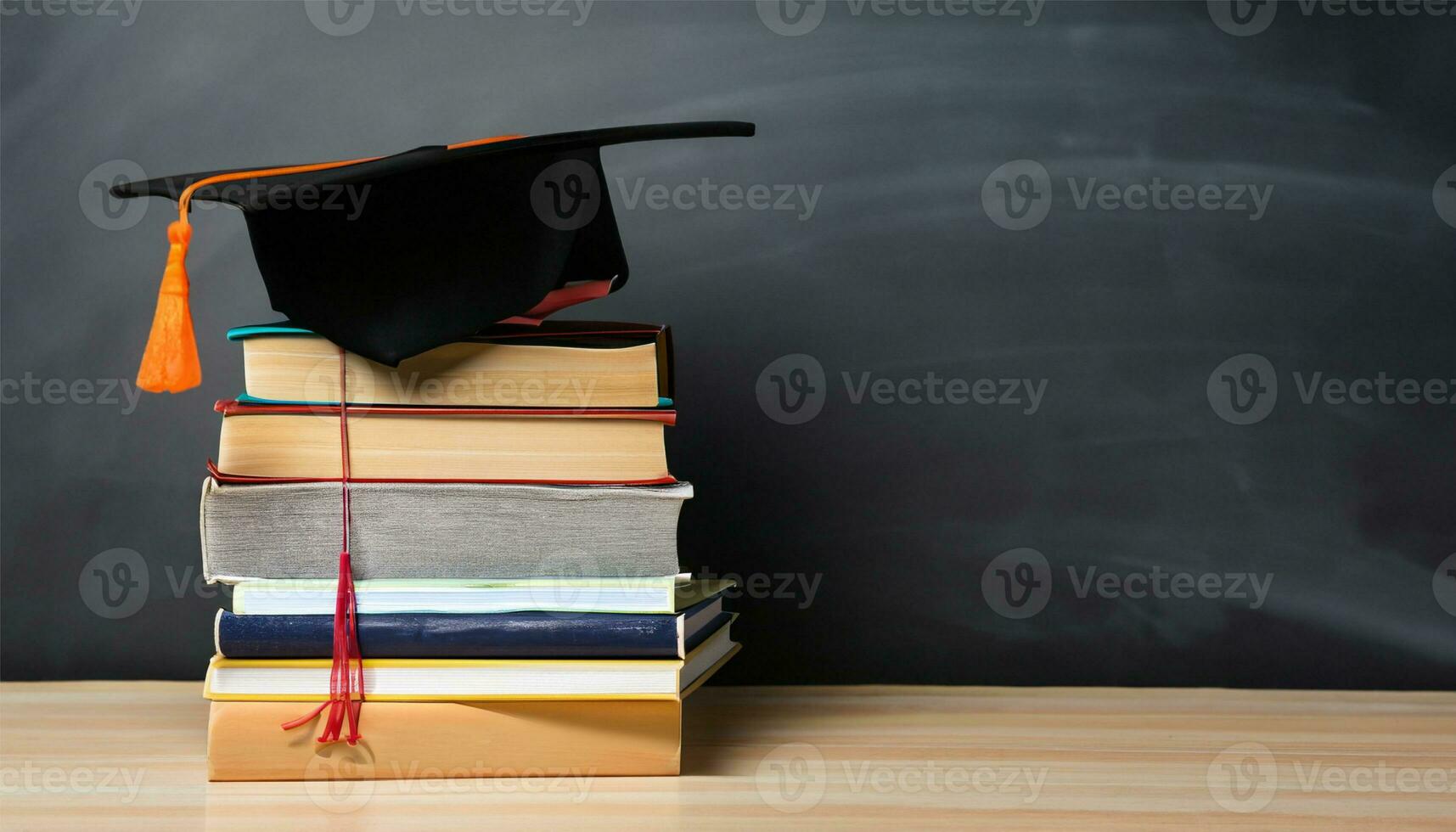 Arrangement of different books on table with graduation cap on black chalkboard background Ai Generate photo