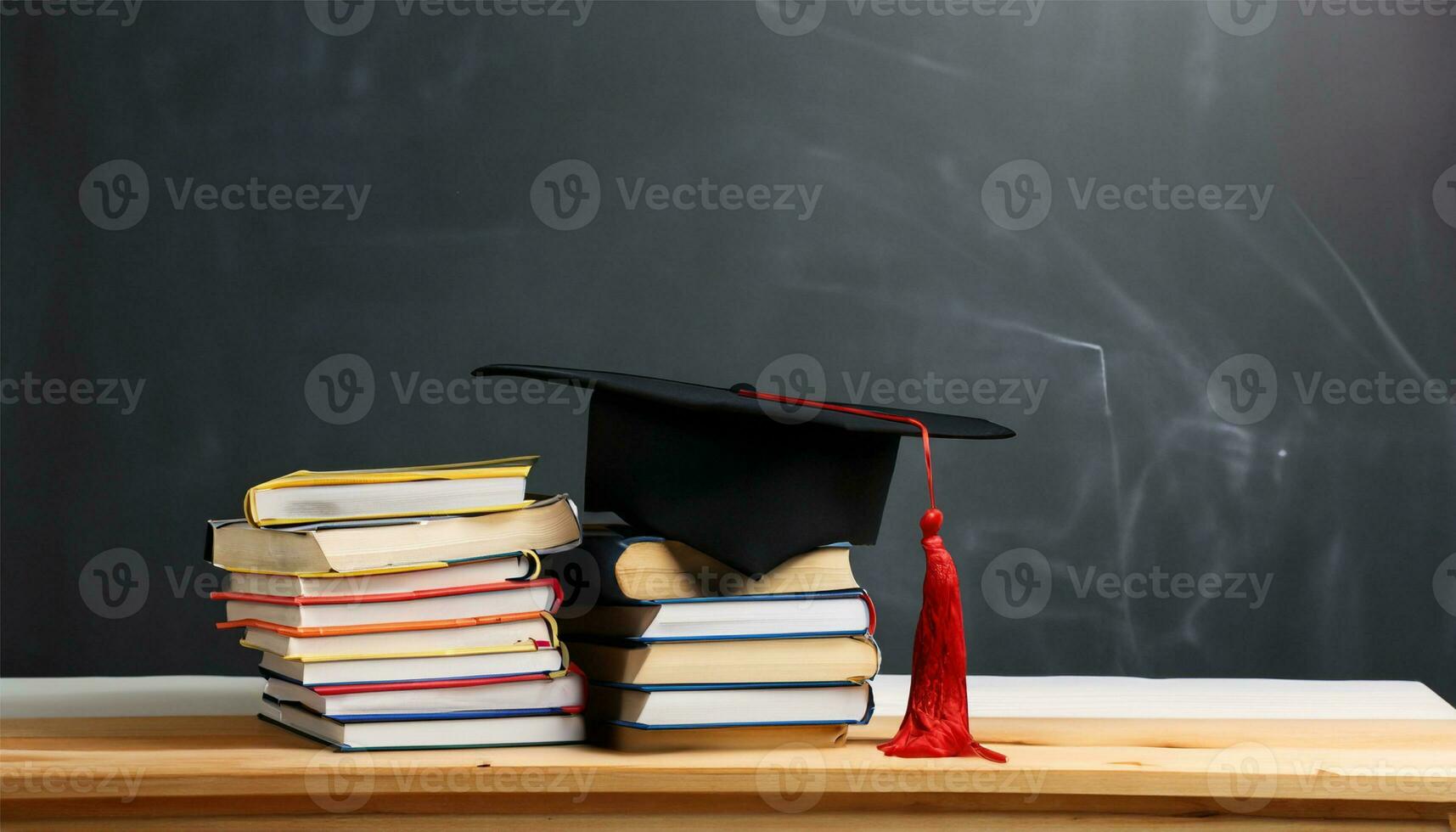 Arrangement of different books on table with graduation cap on black chalkboard background Ai Generate photo