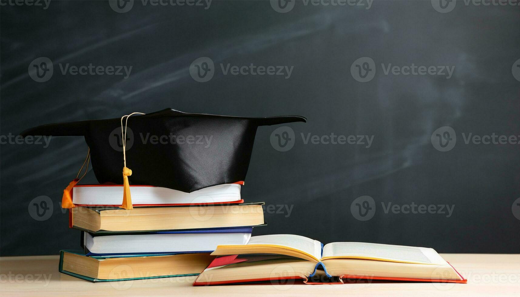 Arrangement of different books on table with graduation cap on black chalkboard background Ai Generate photo