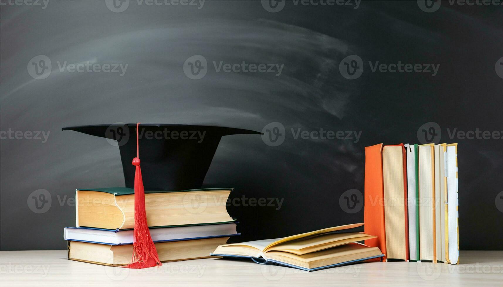 Arrangement of different books on table with graduation cap on black chalkboard background Ai Generate photo