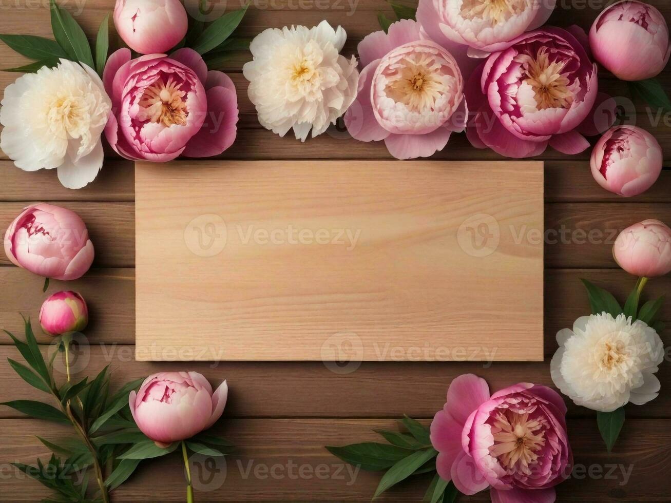 Wooden background surrounded by Peony flowers from top view, background image, generative AI photo