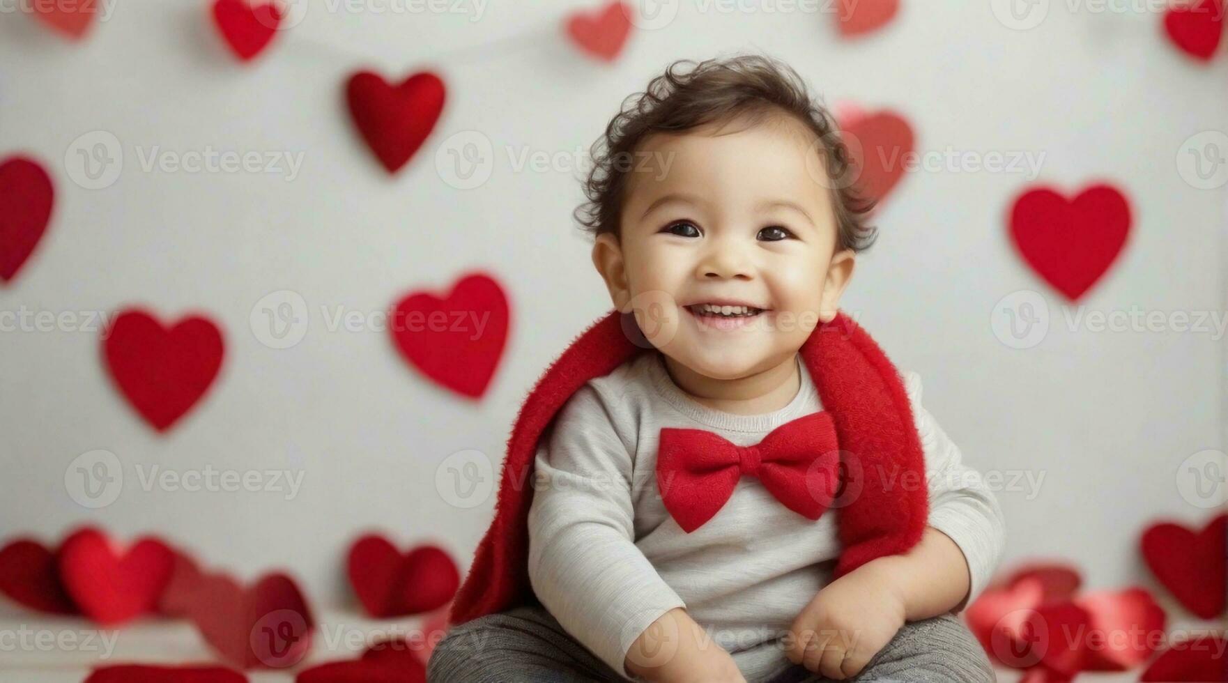 Cute smiling little toddler boy against valentine's day ambience background with space for text, children background image, AI generated photo