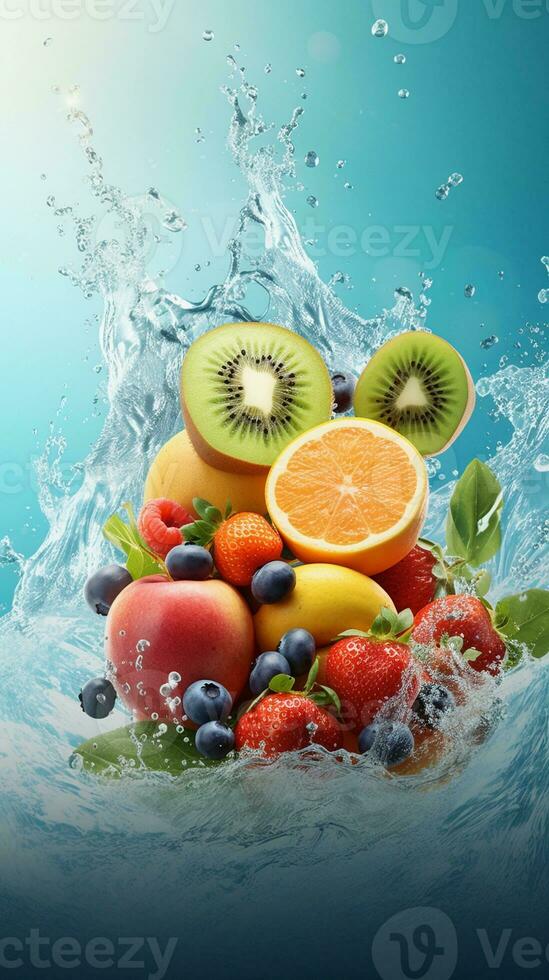 Textured background surrounded by delicious smoothies from top view, background image, vertical format, generative AI photo