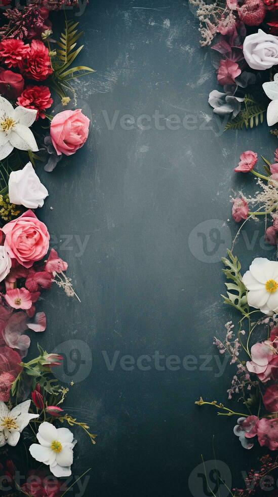 space for text on textured background surrounded by flowers, vertical format, background image, AI generated photo