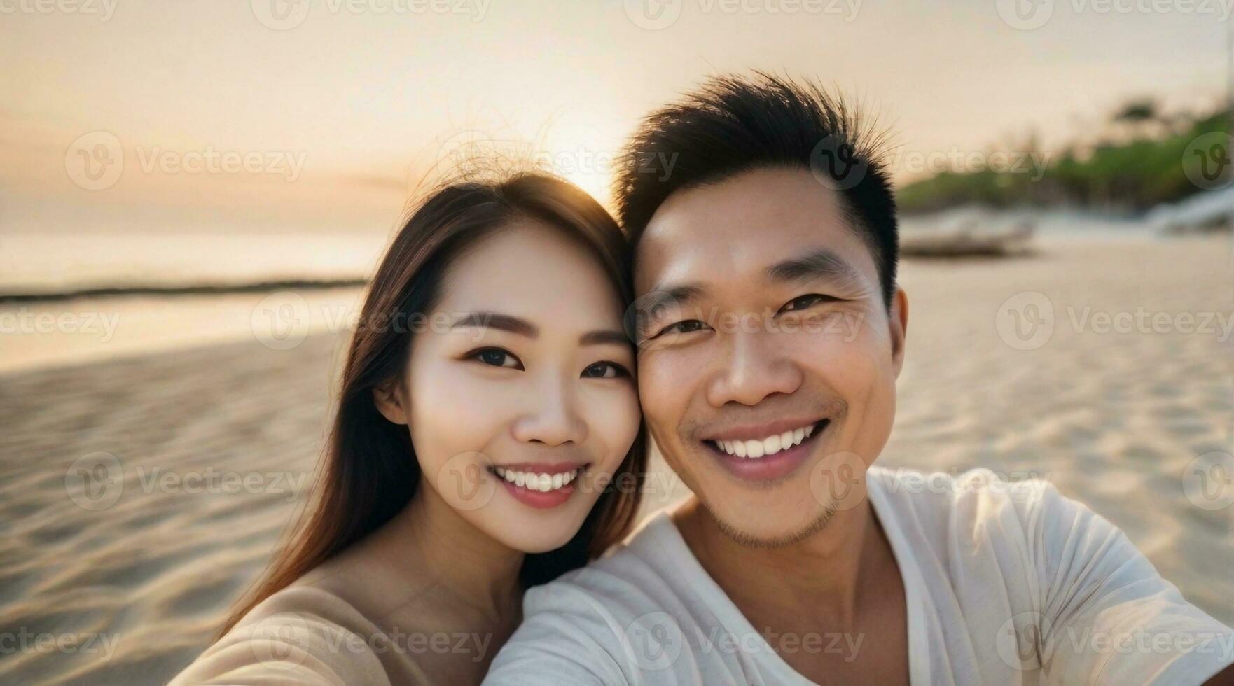 Selfie of a happy asian couple against beach ambience background, background image, AI generated photo