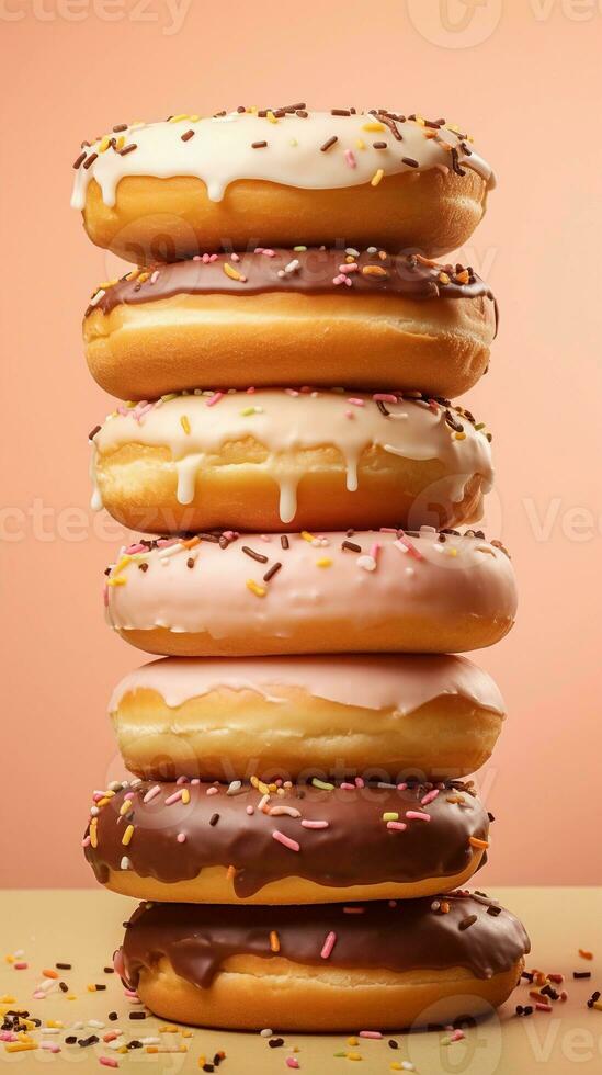 delicious donuts on a light brown background with space for text on the side, vertical format, background image, AI generated photo