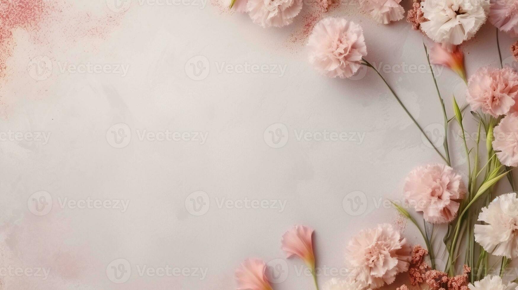 space for text on textured background surrounded by Carnation flowers from top view, background image, AI generated photo